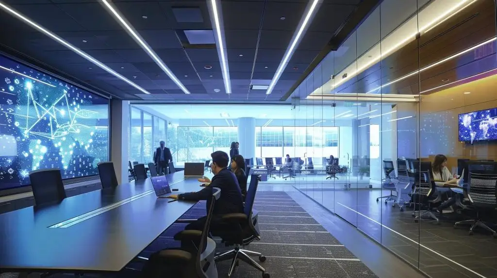 a modern office workspace features a sleek digital dashboard displaying the nist cybersecurity framework guidelines in bold graphics, with professionals engaged in focused discussion around a conference table illuminated by bright, artificial lighting.