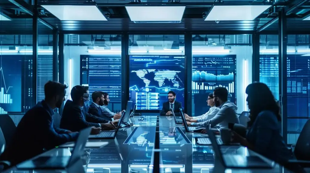 a modern office workspace featuring a sleek conference table, digital screens displaying iso, pci, and gdpr logos, and professional individuals engaging in a vibrant discussion about implementing security standards in cloud environments.