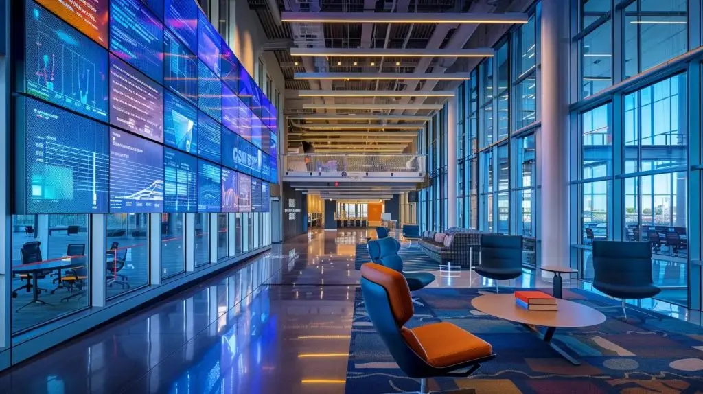 a modern office workspace is illuminated by sleek, high-tech screens displaying the nist cybersecurity framework, peppered with data visualizations and futuristic diagrams, portraying the evolution of cybersecurity standards amidst a backdrop of vibrant digital interconnectedness.