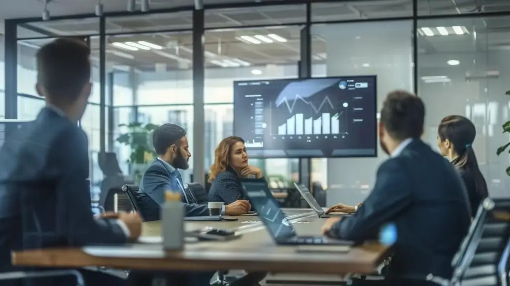 a modern office workspace is filled with engaged employees attentively participating in a dynamic training session, featuring large screens displaying cybersecurity threat visuals and strategies, emphasizing the critical importance of custom training for enhancing company resilience against cyber threats.