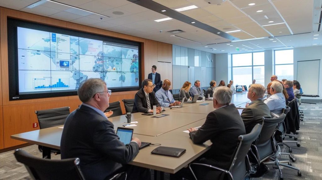 a modern, sleek conference room is bustling with a diverse team of professionals engaged in a strategic discussion, highlighting their clearly defined roles as they analyze cybersecurity data on multiple screens, emphasizing the collaborative effort required for effective incident response to data breaches.