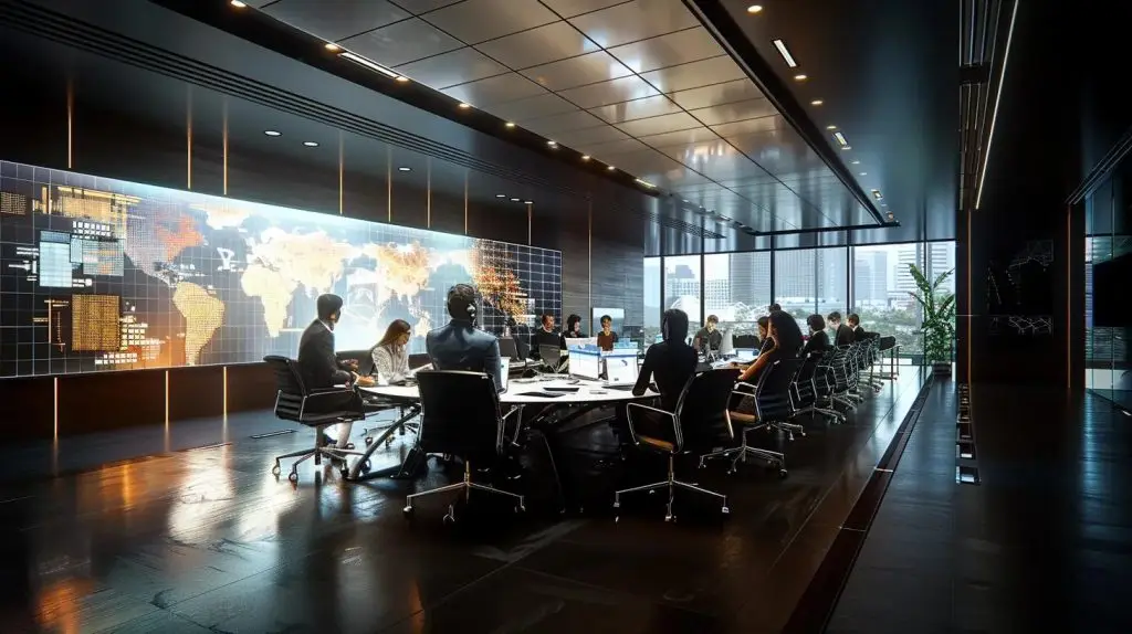 a modern, sleek conference room filled with diverse professionals intensely collaborating around a large table, with digital charts and cybersecurity threat maps displayed on high-tech screens in the background, emphasizing the strategic development of cybersecurity incident management protocols.