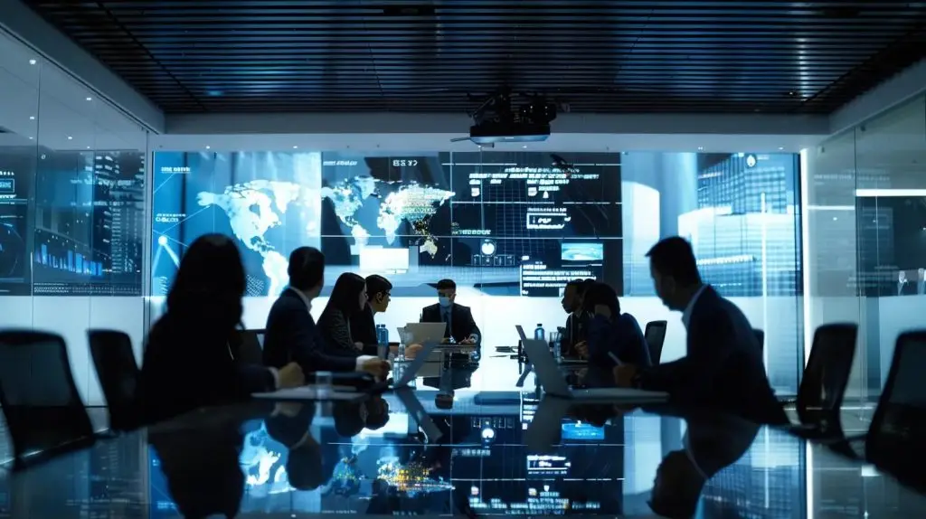 a modern, sleek conference room filled with diverse professionals engaged in a collaborative brainstorming session, surrounded by digital displays showcasing risk management analytics and strategic planning tools, highlighting a focused environment for selecting effective risk management instruments.