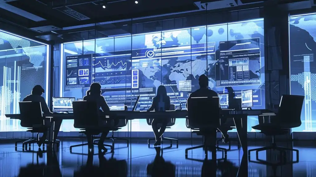 a modern, sleek office environment showcases a team of professionals engaged in a strategic meeting, with digital charts and graphs displaying cybersecurity data on high-tech screens, emphasizing the critical importance of