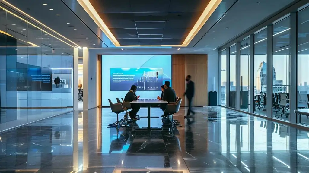 a modern, sleek office environment features professionals engaged in a dynamic discussion around digital screens displaying intricate cybersecurity frameworks and risk management strategies, illuminated by focused halogen lighting.