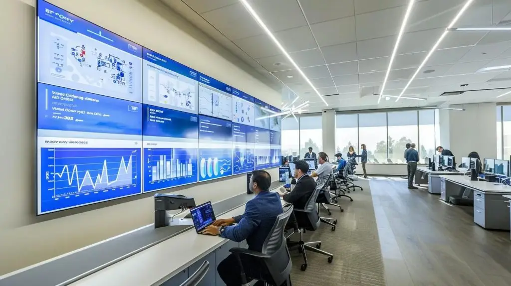 a modern, sleek office filled with diverse professionals intently analyzing various cybersecurity risk assessment tools displayed on multiple large screens, each showcasing different data visualizations and security analytics in a collaborative, high-tech environment.