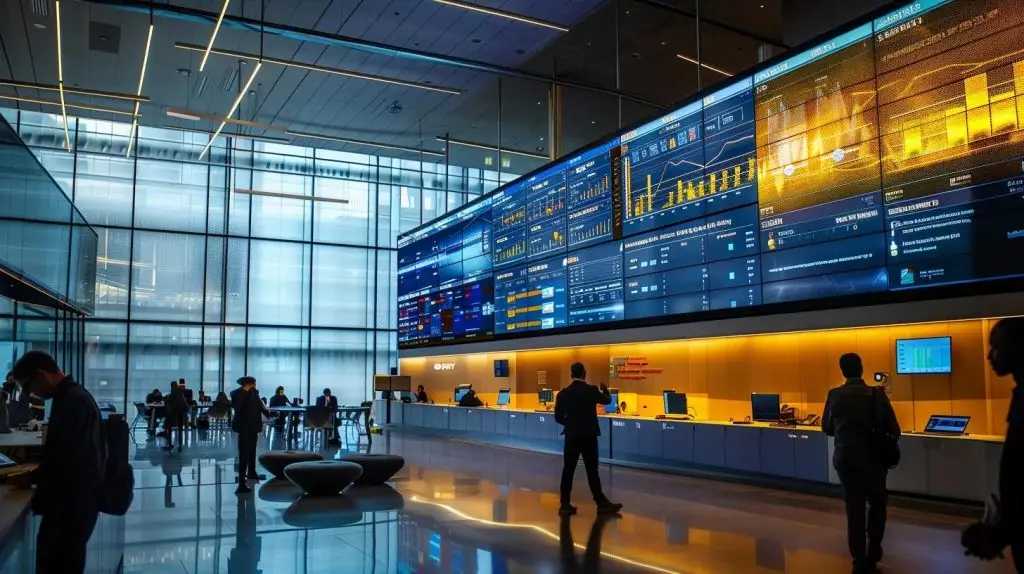 a modern, sleek office space with a large digital screen displaying dynamic compliance dashboards, surrounded by focused professionals engaged in strategic discussions, highlighting the proactive nature of risk management in a rapidly evolving business environment.