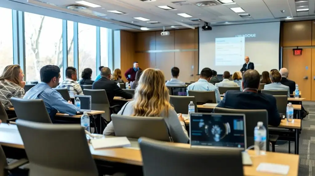 a modern training room filled with diverse professionals engaged in an interactive cybersecurity workshop, featuring sleek digital displays and collaborative seating that enhances the learning experience.