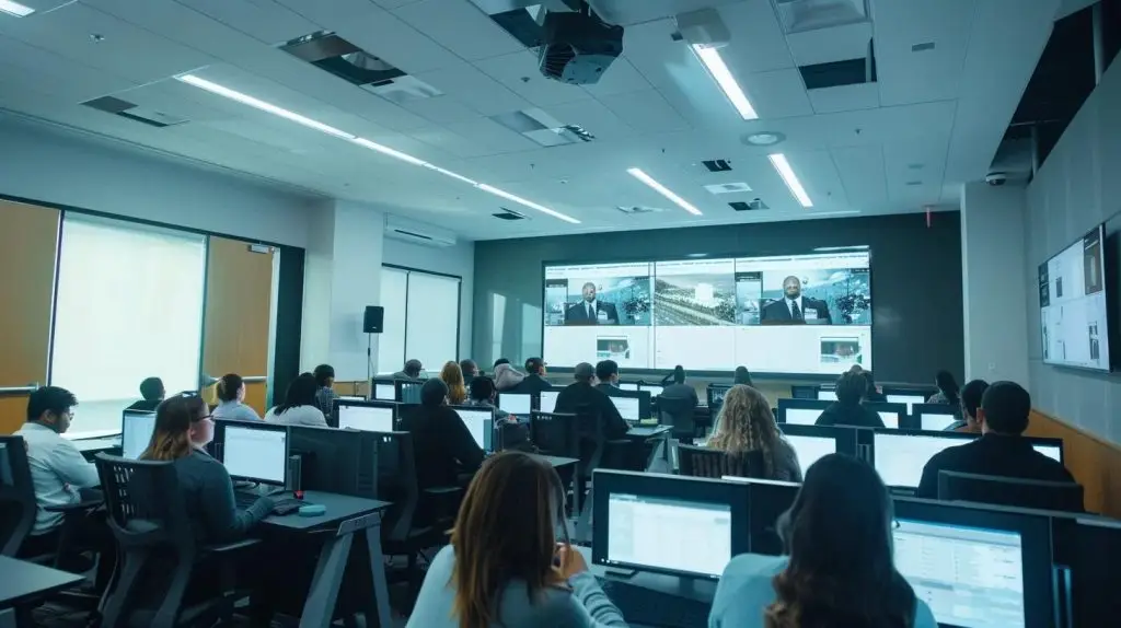 a polished, modern training facility with a diverse group of professionals engaged in a dynamic incident response simulation, showcasing real-time strategy discussions and advanced technology integration.