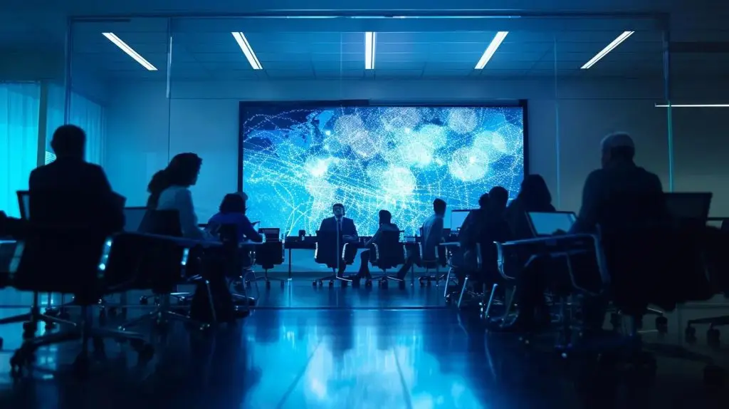 a professional conference room featuring a large table surrounded by engaged business professionals discussing strategy on a digital screen, embodying the crucial steps of building an effective incident response framework.