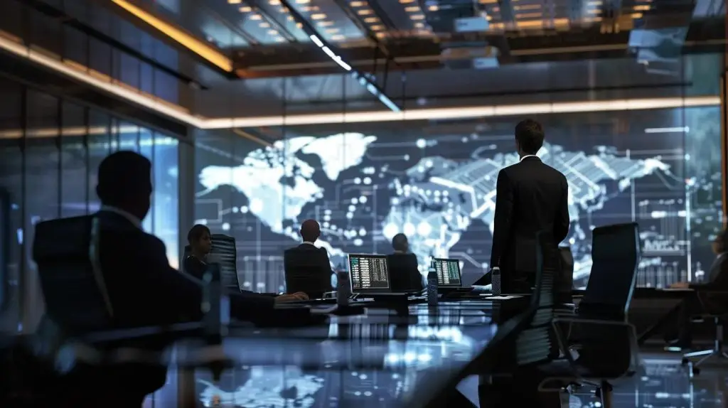 a professional office environment showcases a modern conference room with a sleek presentation screen displaying intricate diagrams of security compliance frameworks, surrounded by focused business professionals engaged in a strategic discussion about mitigating information security risks.