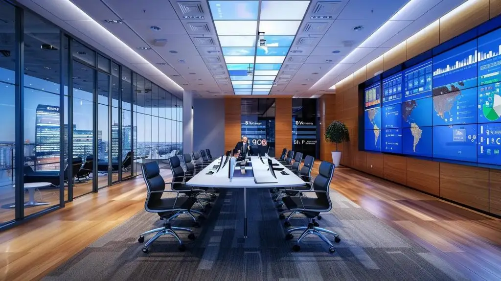 a professional office environment showcases a diverse team engaged in an animated discussion about iso compliance, surrounded by digital screens displaying security metrics and compliance frameworks, all under bright, focused lighting that emphasizes the strategic importance of information security.