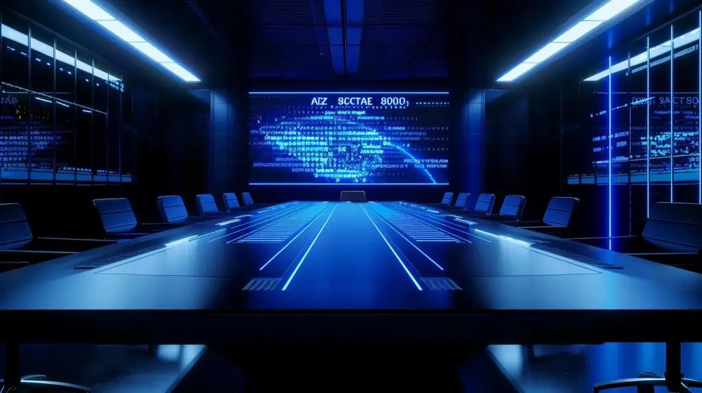 a professional office setting featuring a sleek conference table with a digitally lit screen displaying cybersecurity statistics and analysis, embodying the meticulous evaluation process for local cybersecurity firms.