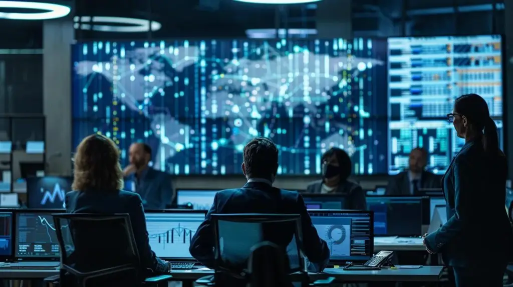 a sharp and dynamic office environment depicts a diverse team engaged in a high-stakes discussion over cybersecurity strategies, showcasing the contrast between vciso and ciso roles, with sleek technology displayed prominently.