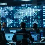 a sharp and dynamic office environment depicts a diverse team engaged in a high-stakes discussion over cybersecurity strategies, showcasing the contrast between vciso and ciso roles, with sleek technology displayed prominently.
