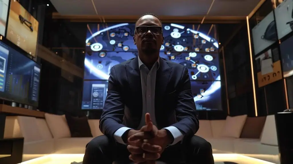 a sharply focused virtual chief information security officer, confidently presenting a digital security strategy on a modern interactive screen in a sleek, high-tech office environment, surrounded by cybersecurity analytics and data visualizations.