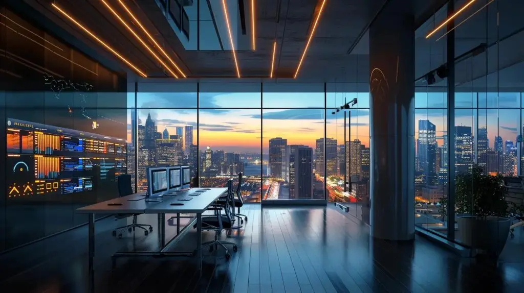 a sleek and modern office space features digital compliance dashboards illuminated by vibrant led screens, showcasing the advanced security capabilities of securitribe compliance solutions, with a backdrop of a bustling urban skyline visible through large glass windows.