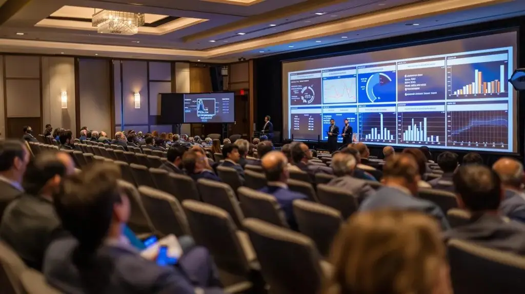 a sleek conference room filled with business professionals engaged in a dynamic presentation on financial governance strategies, with a large digital screen displaying clear statistics highlighting potential savings and roi from proactive compliance investments.