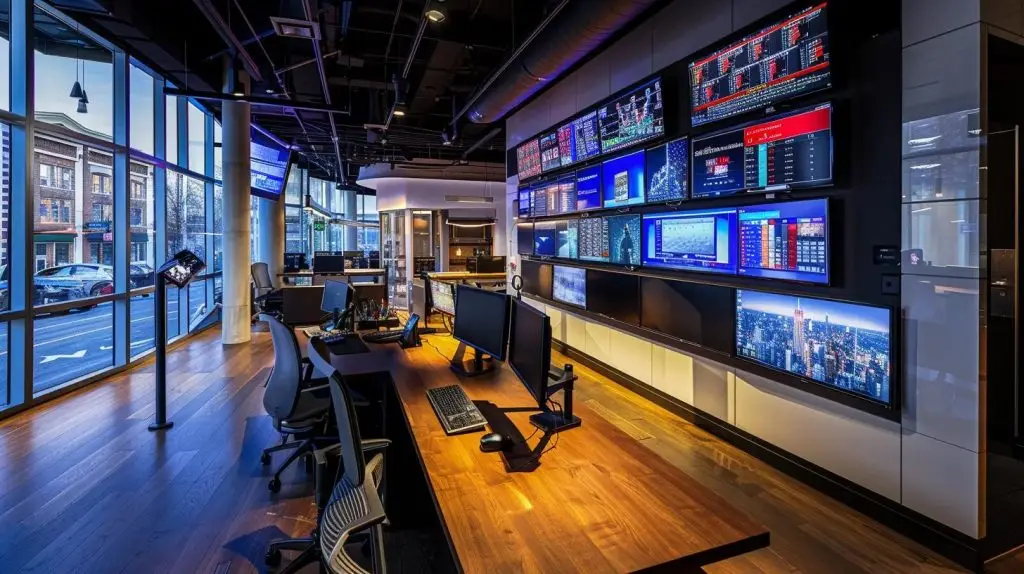 a sleek, high-tech office filled with multiple screens displaying real-time cybersecurity data analytics and threat alerts, illuminated by the glow of computer monitors, embodies the proactive management of cloud security incidents.