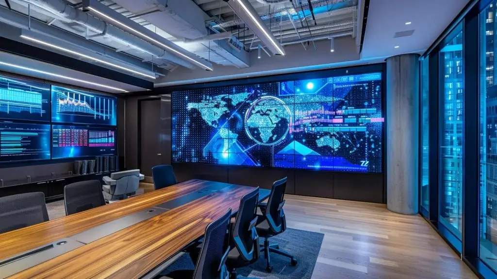 a sleek, high-tech office environment showcases a large digital display featuring dynamic cybersecurity graphics and real-time data analytics, embodying the essence of modern risk management solutions.