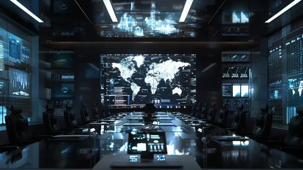 a sleek, modern boardroom with a large digital screen displaying interconnected security frameworks and it governance objectives, emphasizing the strategic integration of technology and business outcomes in a dynamic corporate environment.