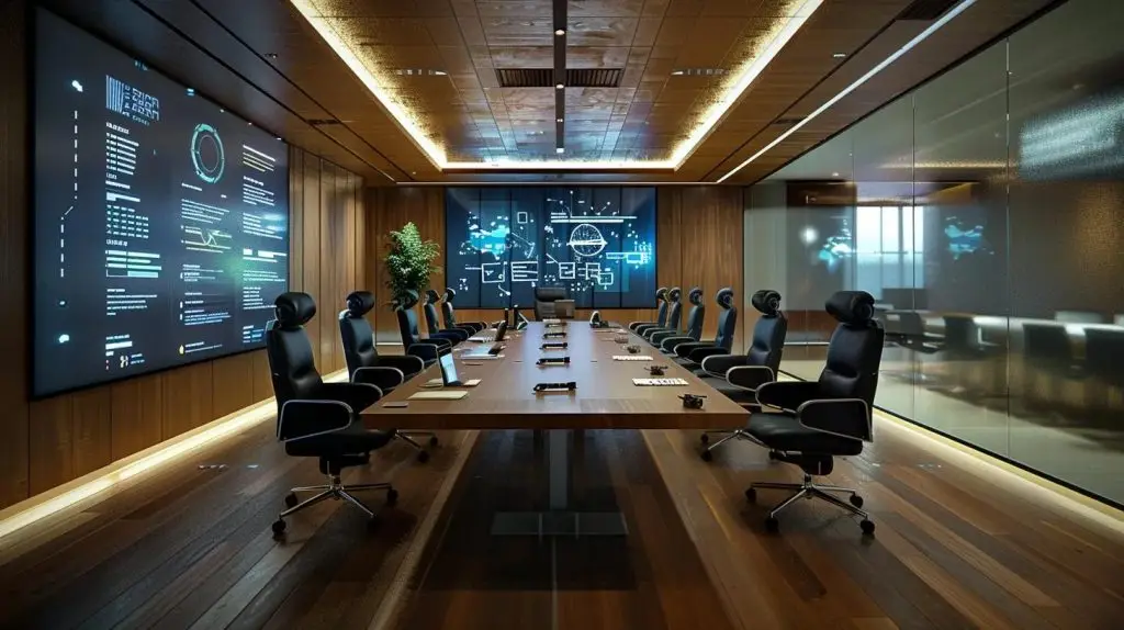 a sleek, modern boardroom featuring a polished oak conference table surrounded by diverse business professionals engaged in a dynamic discussion, with digital risk assessment charts projected on the wall, conveying the urgency and importance of effective risk mitigation strategies for businesses today.