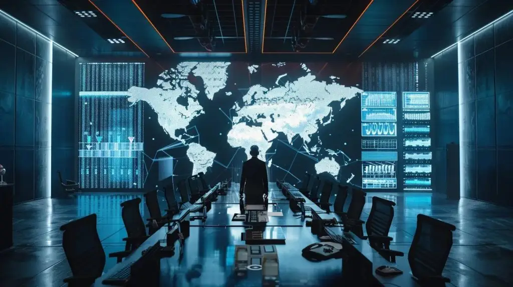 a sleek, modern conference room with a large digital display showing a side-by-side comparison of expertise levels between a traditional ciso and a virtual ciso, highlighting their strategic approaches to cybersecurity.
