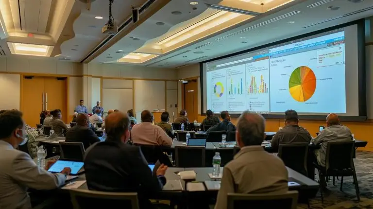 a sleek, modern conference room features a large digital screen displaying a vibrant infographic on data breach response strategies, surrounded by attentive professionals engaged in a focused discussion.