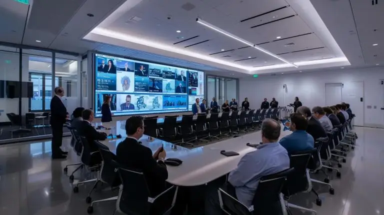 a sleek, modern conference room is filled with attentive professionals gathered around a glossy table, as a confident speaker presents internal auditing procedures on a large digital display, emphasizing compliance in a corporate environment.