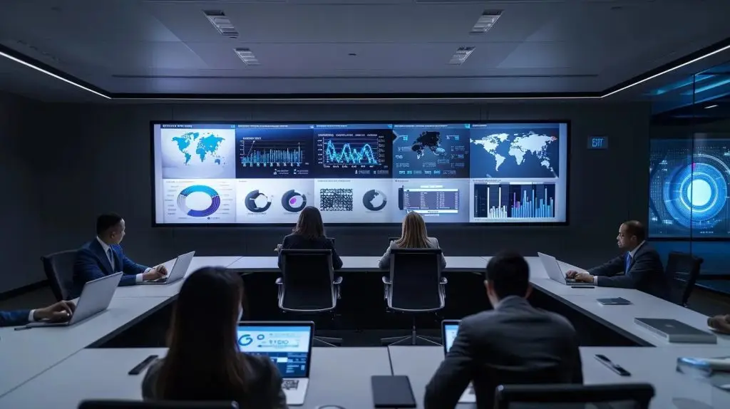 a sleek, modern conference room filled with professionals engaged in a lively discussion, positioned around a polished table with digital tablets and detailed charts illustrating various security compliance frameworks for enhanced governance.