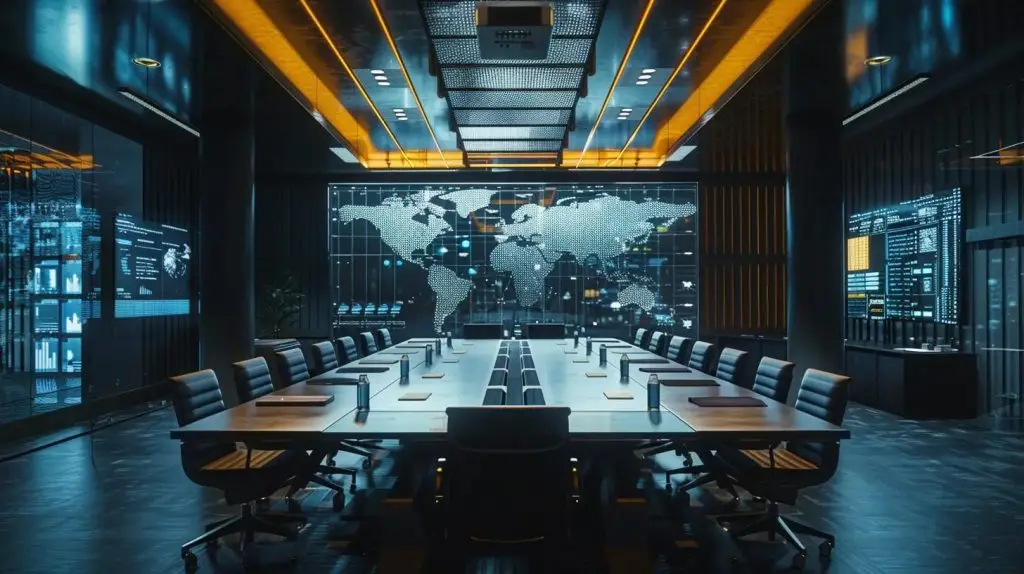 a sleek, modern conference room is filled with professionals engaged in a collaborative discussion, surrounded by digital displays showcasing compliance analytics and audit checklists, embodying a focused environment for effective internal auditing procedures.