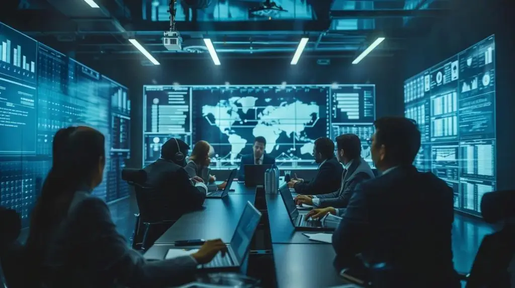 a sleek, modern conference room with a large digital display showcasing a complex audit planning flowchart, emphasizing strategic discussions among focused professionals in business attire, illuminated by sharp overhead lighting.