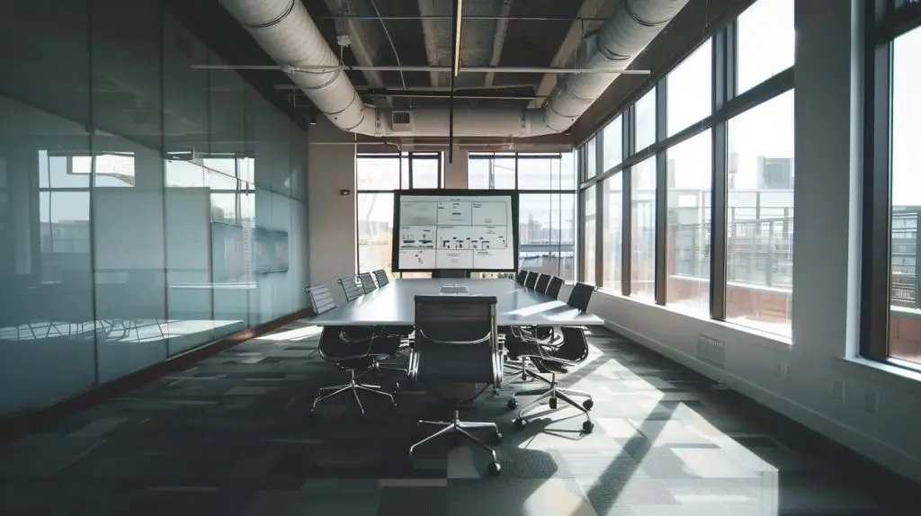 a sleek, modern conference room in an urban office setting, featuring a digital whiteboard displaying complex diagrams and infographics about vciso services, illustrating the multifaceted factors influencing costs in a professional context.