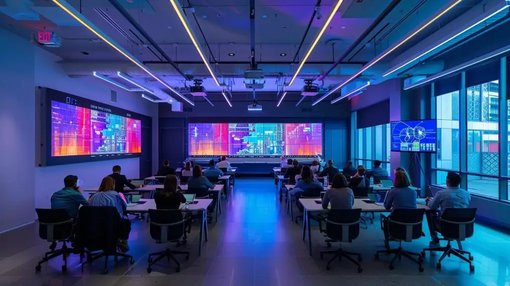 a sleek, modern conference room filled with professionals engaged in a dynamic risk assessment workshop, highlighting digital displays of probability matrices and decision trees, with vibrant data visualizations projected on walls illustrating complex risk scenarios.