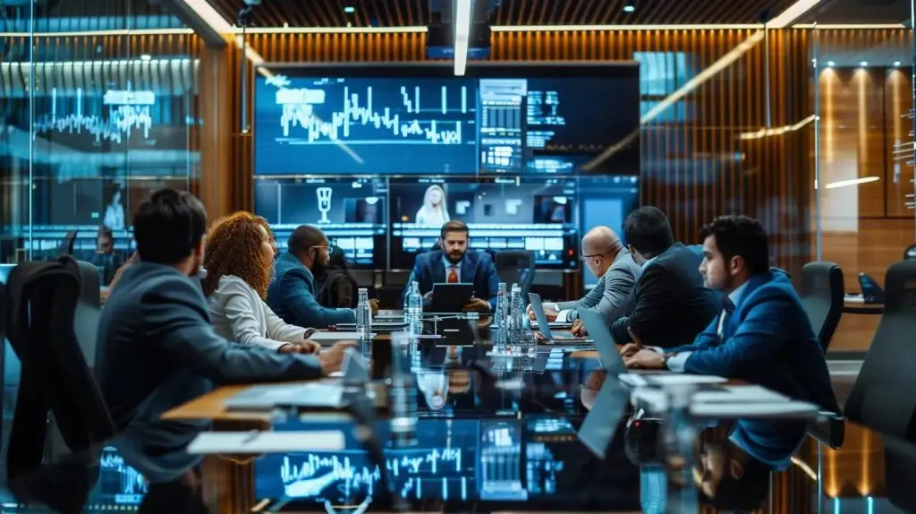 a sleek, modern conference room filled with diverse professionals analyzing and discussing various incident response plan templates displayed on digital screens, emphasizing the variety and customization needed for different threat scenarios.