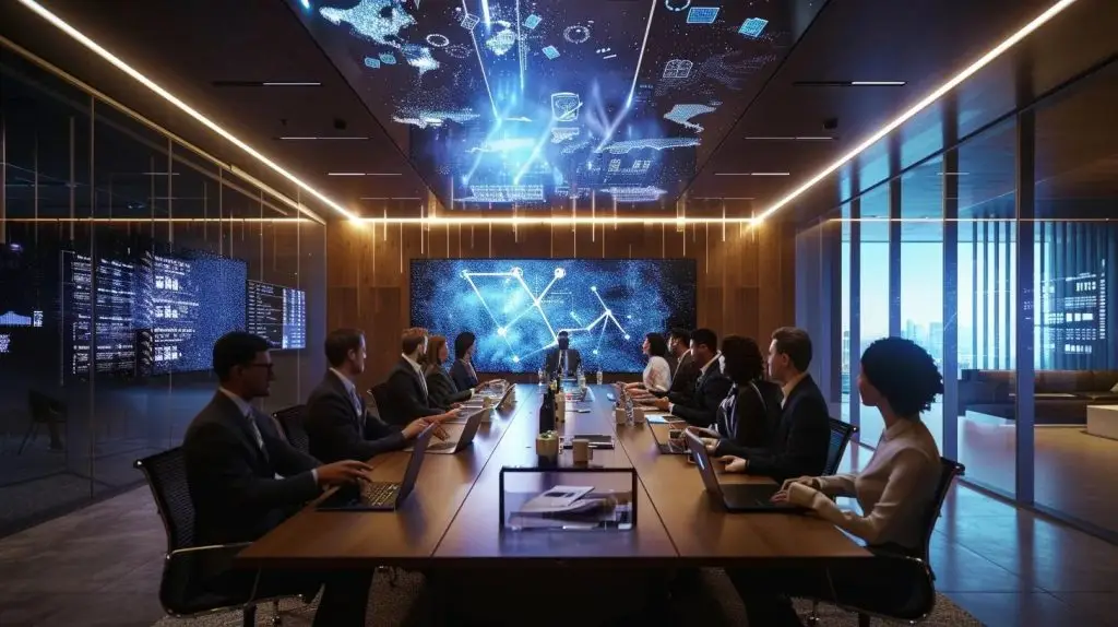 a sleek, modern conference room filled with diverse professionals attentively discussing security compliance frameworks, illuminated by sharp, focused lighting that highlights a digital display showcasing various framework logos and key metrics.
