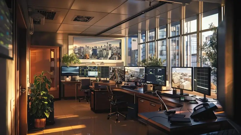 a sleek, modern corporate office environment showcases a high-tech security monitoring station with multiple screens displaying real-time cyber threat data and analytics, emphasizing the urgency and sophistication of network protection.