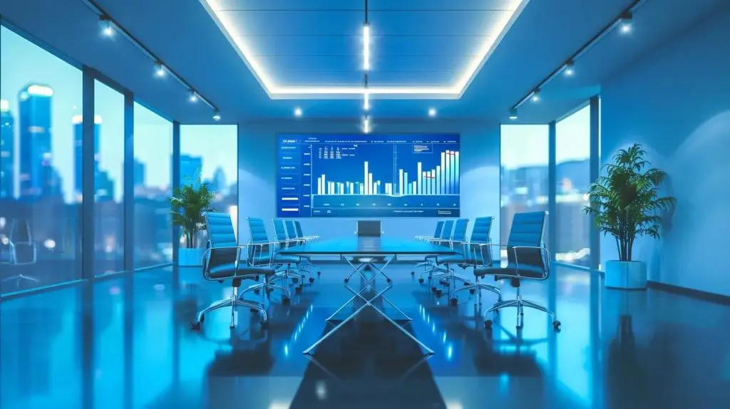 a sleek, modern office bathed in cool blue light showcases multiple screens displaying intricate cybersecurity data analytics, symbolizing the advanced protection and compliance solutions offered by securitribe.