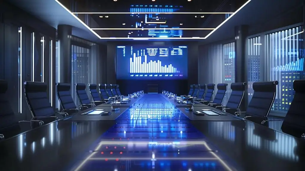 a sleek, modern office boardroom setting with a large, imposing table and a glowing digital screen displaying declining graphs and alert symbols, capturing a tense atmosphere of urgency and concern over the consequences of non-compliance in a corporate environment.