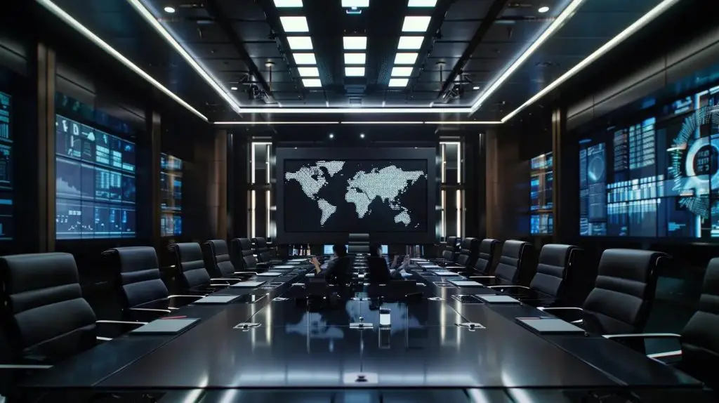 a sleek, modern office boardroom is illuminated by bright overhead lights, featuring a large digital screen displaying a strategic security compliance framework, surrounded by diverse professionals engaged in an intense discussion about iso standards and risk management.