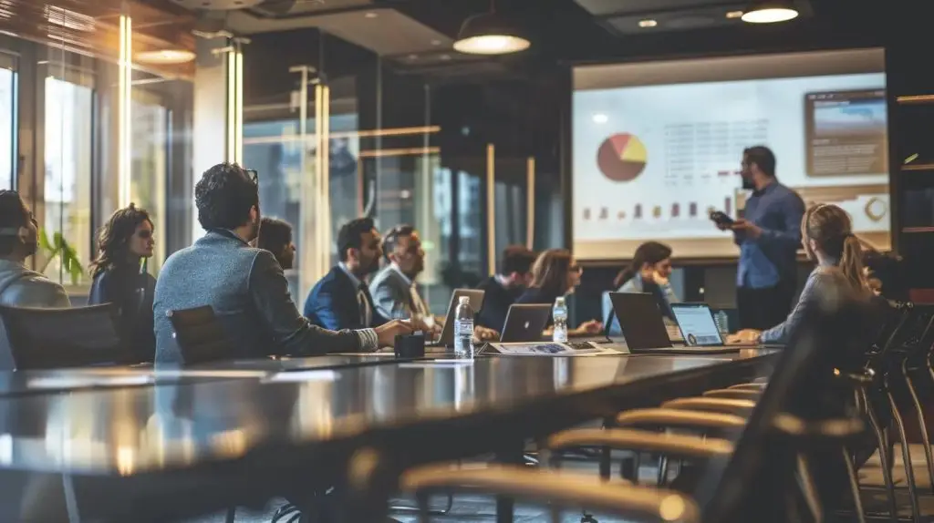 a sleek, modern office conference room features a large digital screen displaying a visually engaging infographic that clearly contrasts subscription models against one-time fees, with a diverse group of professionals engaged in a focused discussion.