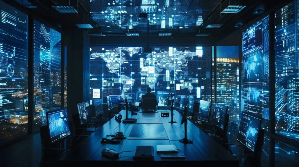 a sleek, modern office conference room buzzes with energy as a virtual chief information security officer presents a comprehensive cloud security strategy on a large digital screen, seamlessly integrating diverse regulatory frameworks like iso, pci, and gdpr.