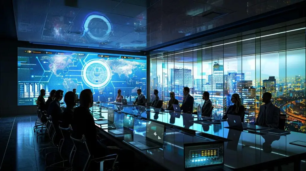 a sleek, modern office conference room filled with diverse professionals engaged in a dynamic discussion, backed by a large screen displaying various cybersecurity framework logos and colorful infographics, capturing the essence of strategic planning in data protection.