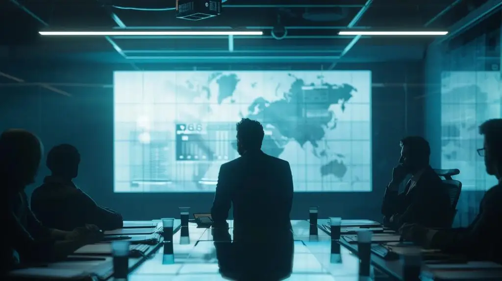 a sleek modern office conference room features an authoritative figure presenting a digital compliance framework on a high-tech screen, emphasizing the strategic importance of a virtual chief information security officer (vciso) for navigating local regulations.