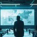 a sleek modern office conference room features an authoritative figure presenting a digital compliance framework on a high-tech screen, emphasizing the strategic importance of a virtual chief information security officer (vciso) for navigating local regulations.