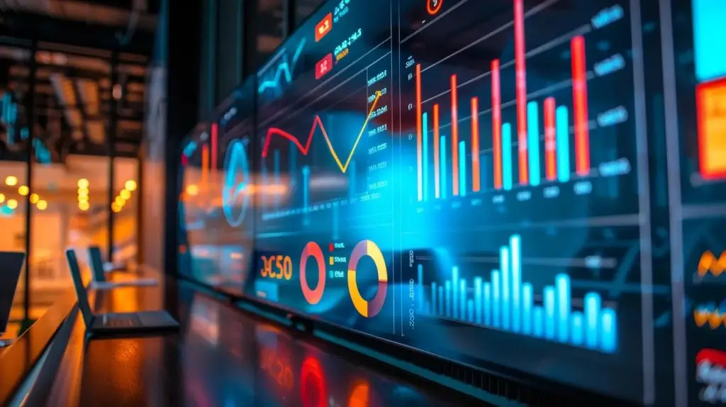 a sleek, modern office conference room fills the frame with a large digital screen displaying infographics and charts that illustrate the costs and benefits of vciso services in australia, emphasizing a professional and informative atmosphere.