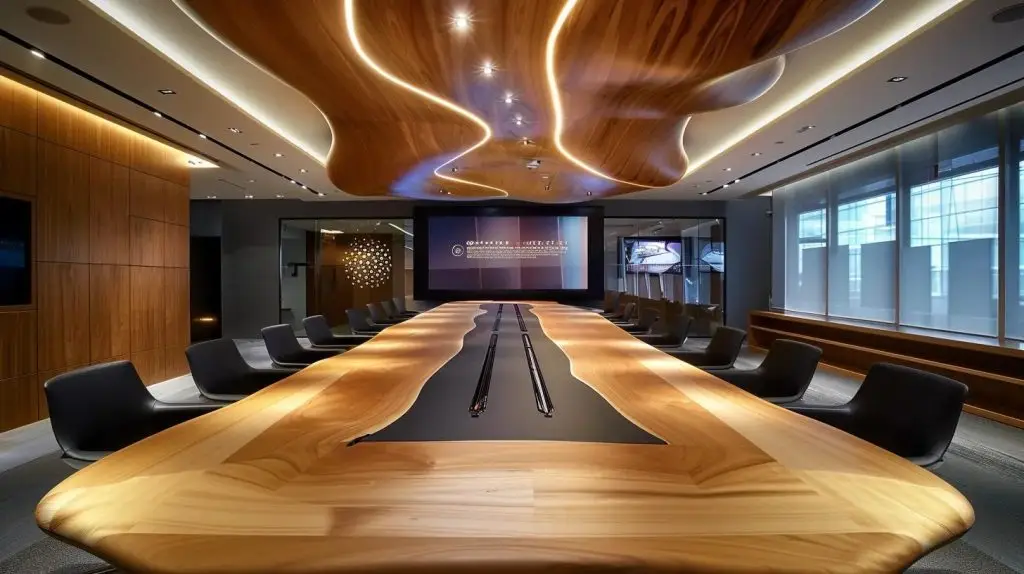 a sleek, modern office conference room, featuring a polished wooden table surrounded by attentive professionals engaged in a focused discussion, with a large screen displaying impactful data visuals on governance compliance strategies.