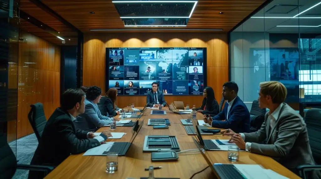 a sleek, modern office conference room is filled with an array of governance audit checklists and strategic reports displayed prominently on a polished table, while a diverse group of professionals engages in a focused discussion under the soft glow of overhead lighting.