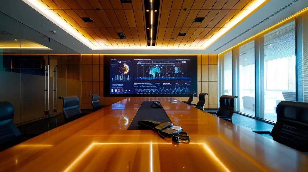 a sleek, modern office conference room bathed in ambient light, featuring a large digital screen displaying a bold infographic on data breach statistics, with a group of focused professionals engaged in an intense discussion around a polished wooden table.