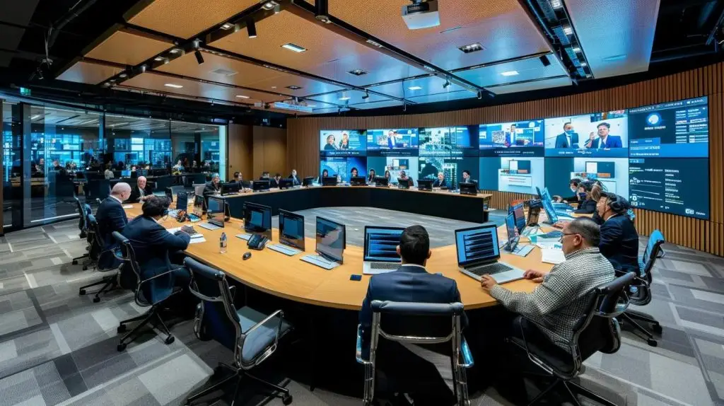 a sleek, modern office conference room filled with professionals engaged in a dynamic discussion, surrounded by transparent screens displaying security compliance data and communication channels.